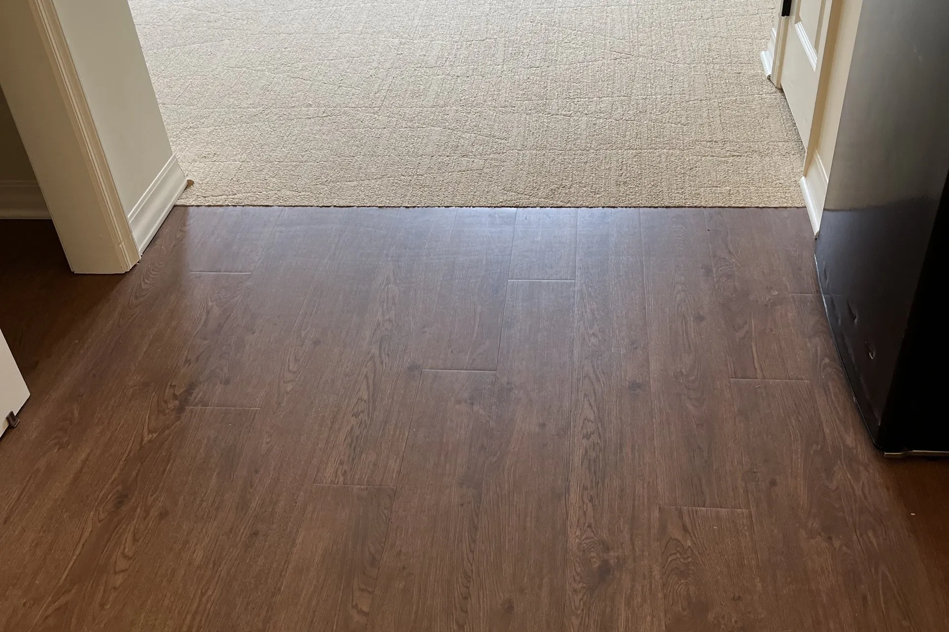 Hardwood flooring installed adjacent to carpeted living room